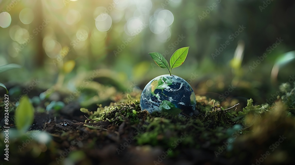 A crystal globe sits on moss in a forest. A crystal globe sits on moss in a forest.