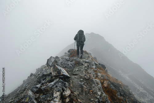 A man is hiking up a mountain with a backpack on