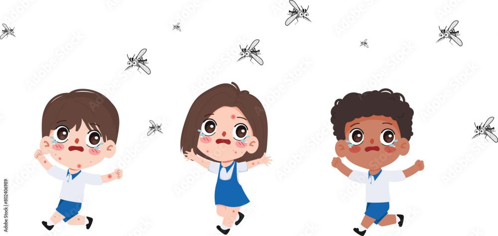 Children running away running from a dengue mosquito. Healthcare and medical concept. Children running away running from a dengue mosquito. Healthcare and medical concept.