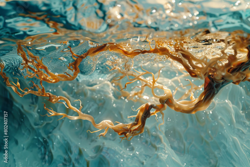 Abstract illustration of kava roots transforming into waves of water, creating a soothing oceanic scene, photo