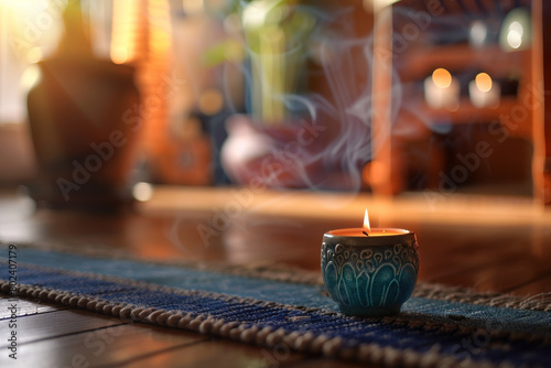 A blue candle is lit in a blue bowl on a rug