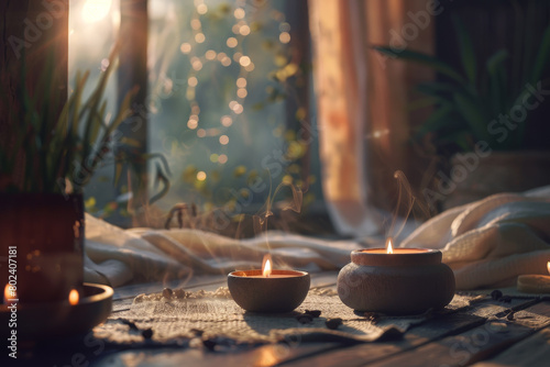 Two candles are lit on a table in front of a window