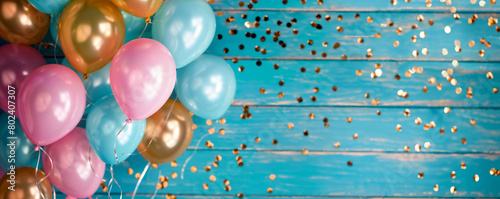 Festive pastel pink, teal and gold balloons against a rustic blue wooden background, sprinkled with golden confetti. Party decorations for Father's day banner, birthdays, or graduation celebrations