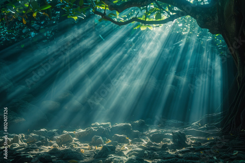 Kava roots visualized as beams of soft light, each beam casting a calming glow, photo