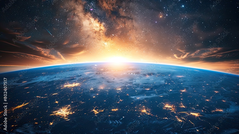 Fototapeta premium Panoramic view on planet Earth globe from space. Glowing city lights, light clouds