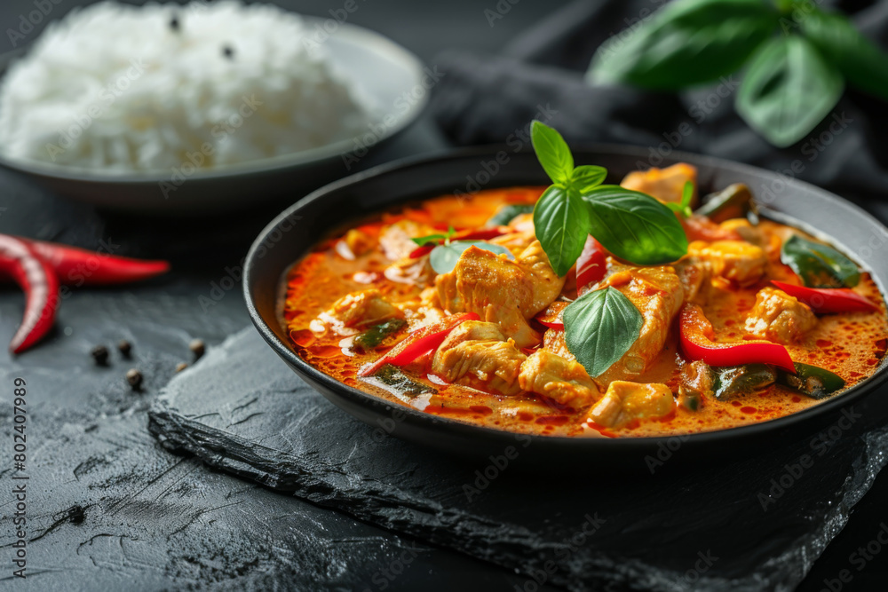 Plate of spicy thai curry with chicken and red pepper on a black stone board. Blurred bowl with rice in the background. Dark background. Spices