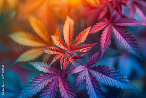 Cannabis leaves swirling in a kaleidoscope of vibrant colors  symbolizing euphoria 