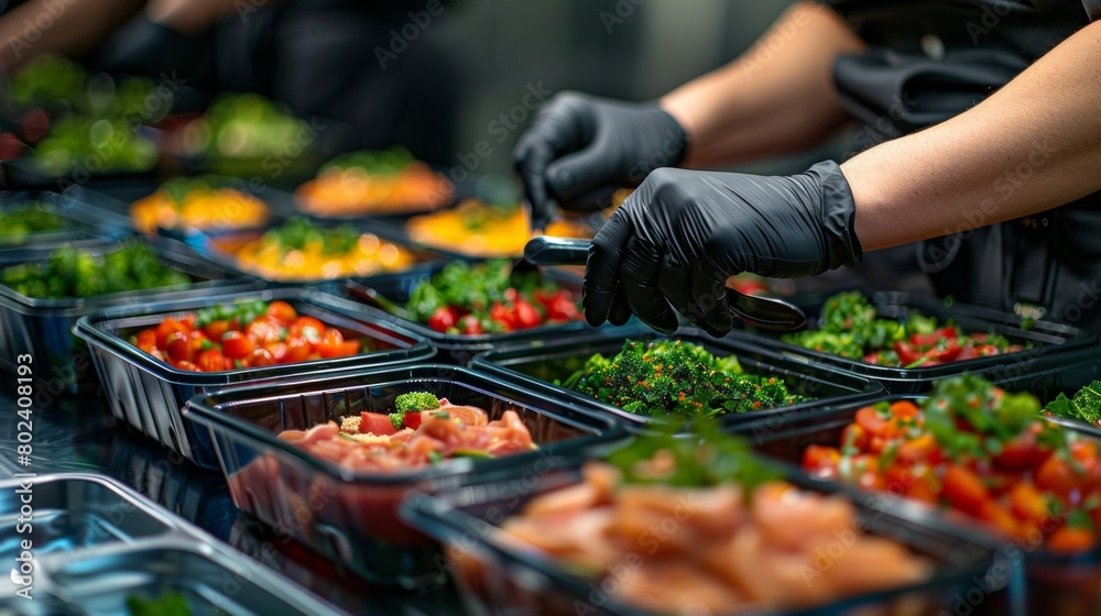 Worker preparing healthy meals in disposable containers Worker preparing healthy meals in disposable containers