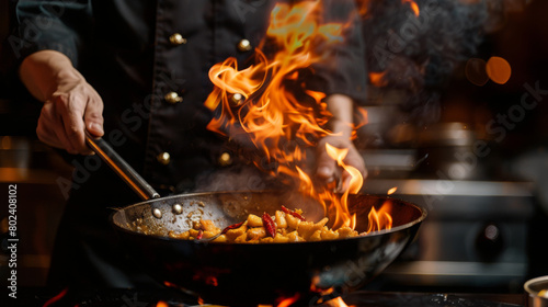 The chef in black uniform cooking thai food in hot wok pan. Flames. Dark background Close Up.