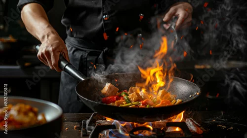 Obraz The chef in black uniform cooking thai food in hot wok pan. Chef cooking vegetable stir fry in wok pan at restaurant kitchen. Flames. Dark background Close Up.