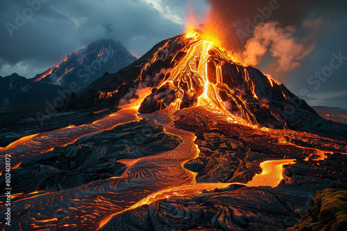 A volcano with a large hole in the top and a lot of lava coming out of it