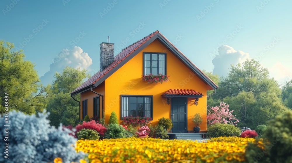 A Yellow House in a Field of Flowers. Generative AI