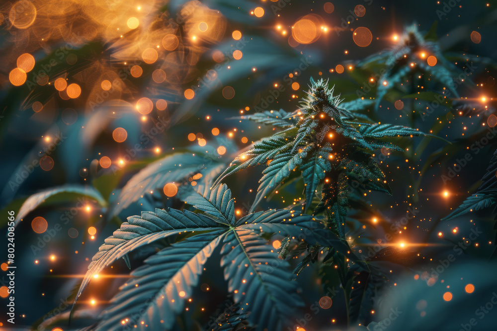 A futuristic view of cannabis plants, with geometric leaves that emit a soft, soothing glow,