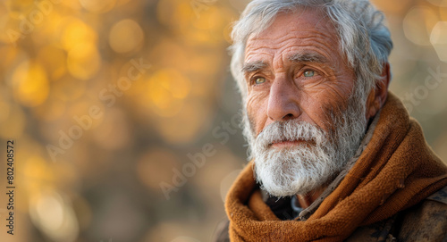 Portrait of a pensive senior man in autumn, Elderly man with a white beard gazes into the distance amidst an evocative bokeh backdrop, emanating wisdom and contemplation