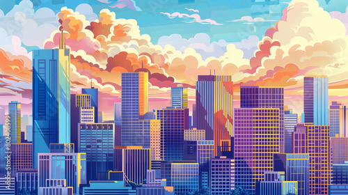 Illustrated cityscape with colorful clouds and high-rise buildings against the sky