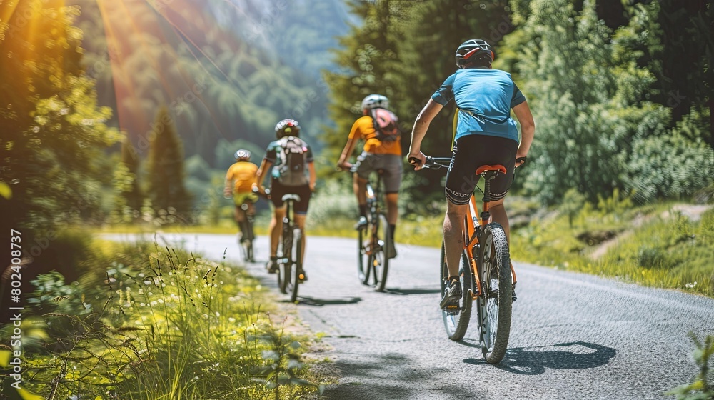 Naklejka premium Group of People Riding Bikes Down a Road. Generative AI