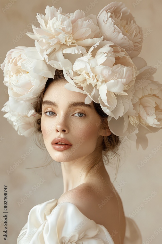 realistic Illustration of a beautiful woman with large peonies on her head. fashion beauty portrait, vertical realistic Illustration of a beautiful woman with large peonies on her head. fashion beauty portrait, vertical