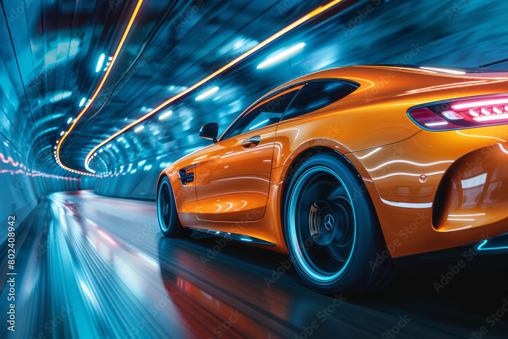 Car zooming through a tunnel with streaks of light reflecting off a sleek modern design,