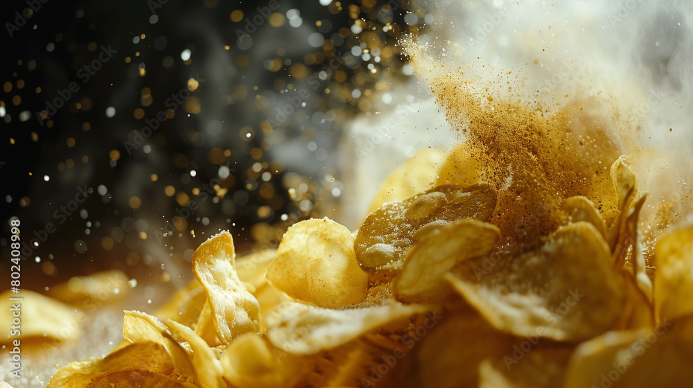 Potato chips fall , Flying chips closeup. Potato chips fall , Flying chips closeup.