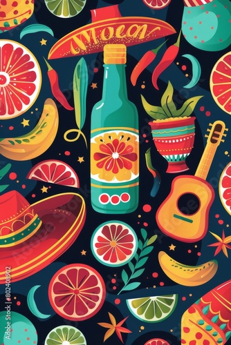 Bottle of Alcohol  Fruit  and Guitar on Cinco De Mayo Background