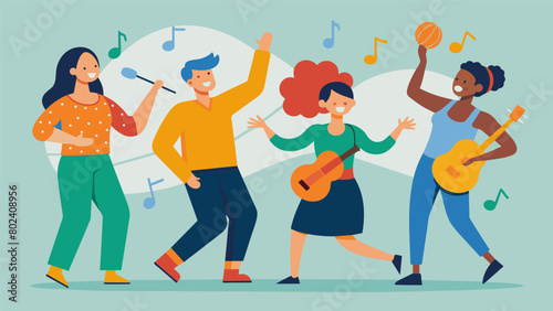 A music therapy session for individuals with ADHD involves movement and dance as the the incorporates instruments and music to help the participants. Vector illustration