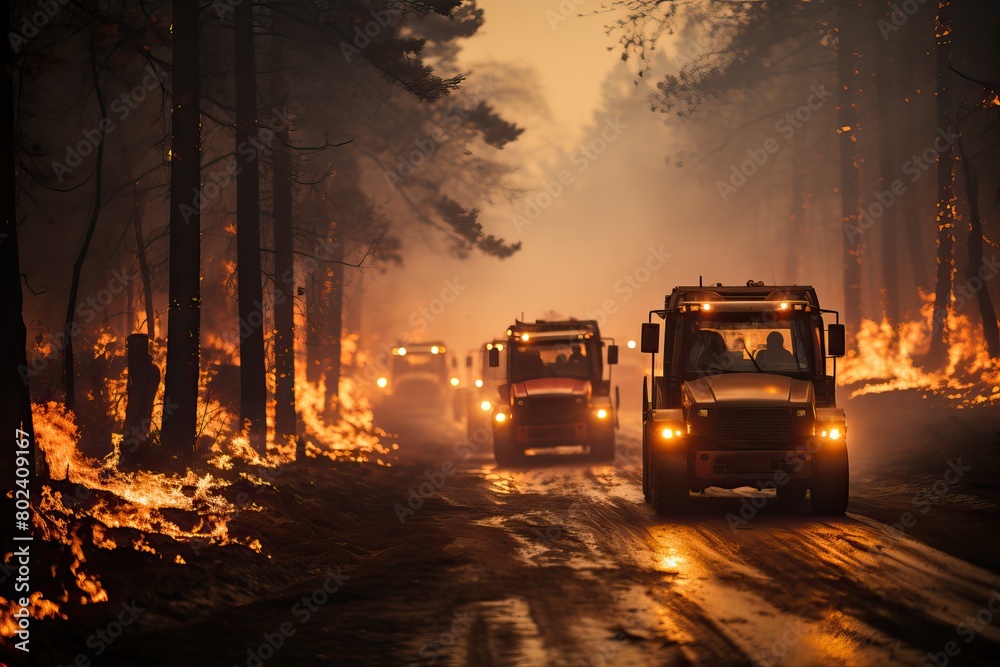 Big trucks are coming with help to extinguish the forest fire. Big trucks are coming with help to extinguish the forest fire.