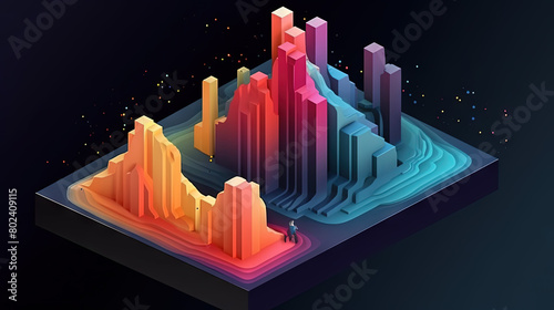 Abstract virtual isometric terrain with mountains. Slice of topographic ground with peaks.