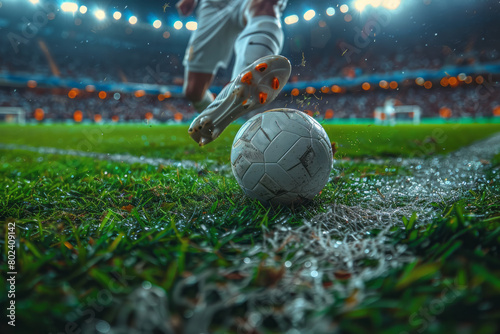 Soccer player executing a precise kick, aiming for the goal in a crowded stadium,