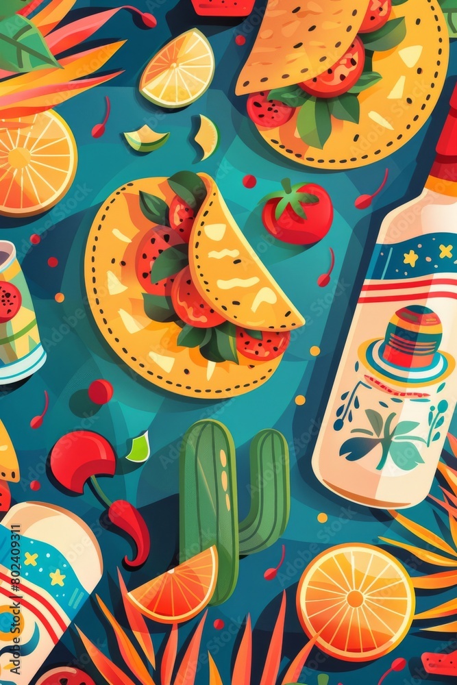 Fototapeta premium Vibrant Painting of Mexican Food and Drinks