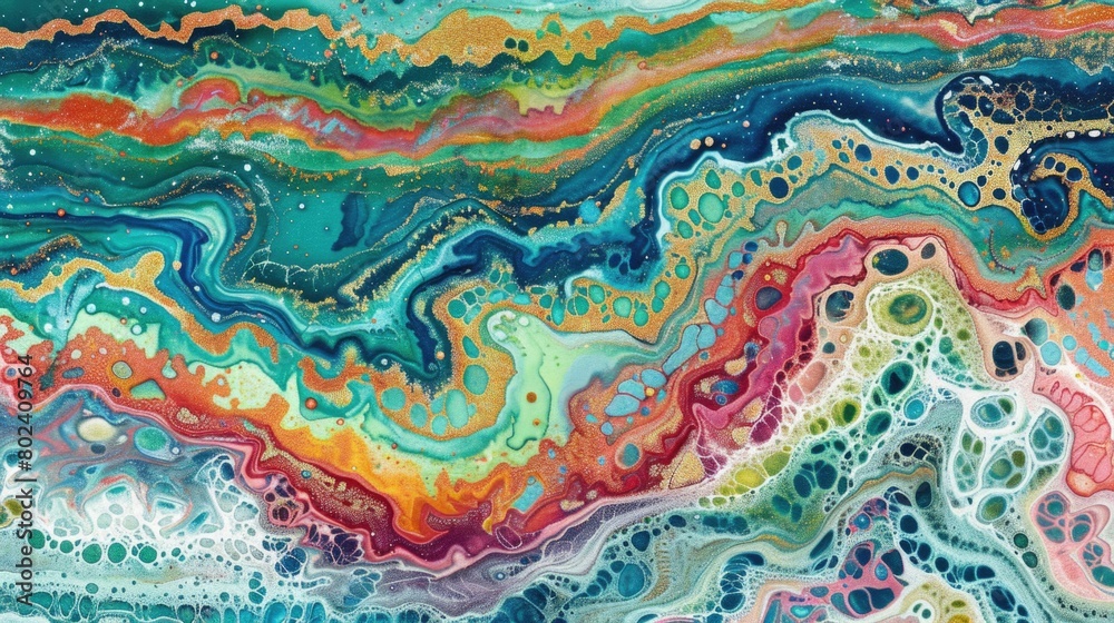 A vibrant painting depicting multiple layers of colorful fluid blending and flowing across the canvas