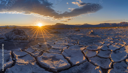 A Sunrise over cracked earth, Fossil Falls National Historic Site, Mojave Desert, California, USA photo