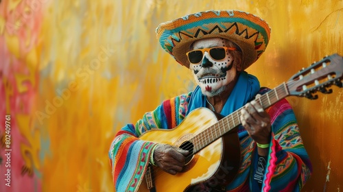 Skeleton Playing Guitar in Front of Yellow Wall