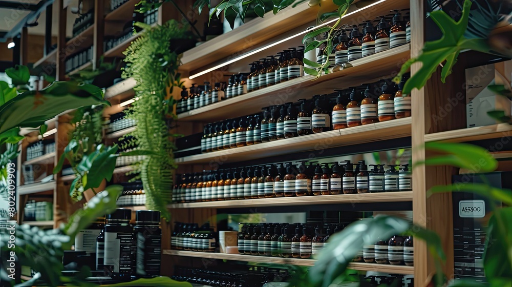 a beauty store adorned with sleek shelves showcasing an array of skincare products, featuring luxurious facial masks elegantly packaged in brown glass bottles.