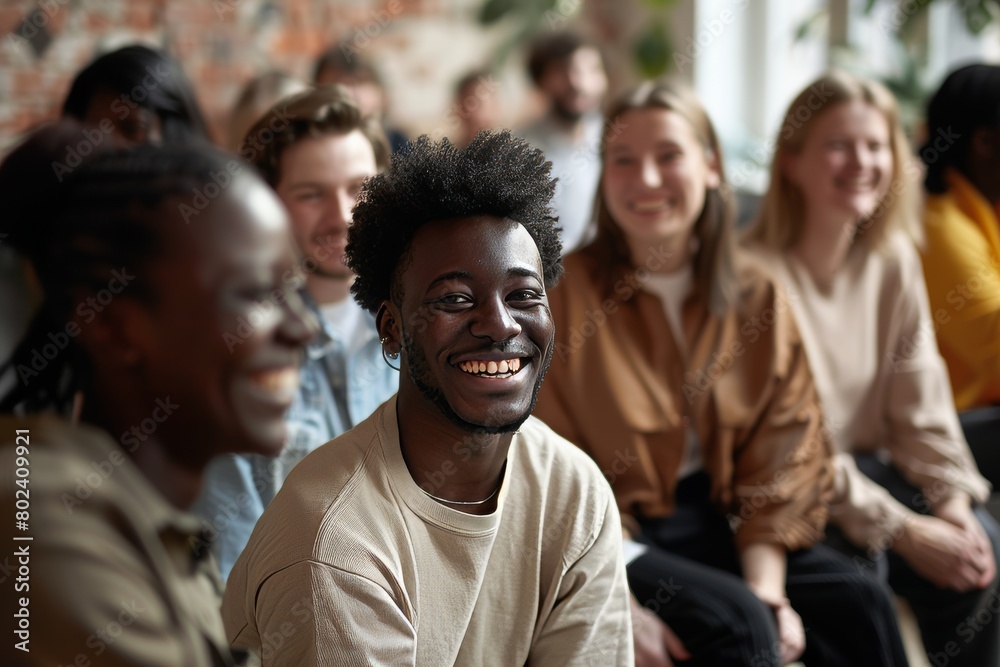 Portrait of young african american man smiling and looking at camera with group of diverse people in background Portrait of young african american man smiling and looking at camera with group of diverse people in background