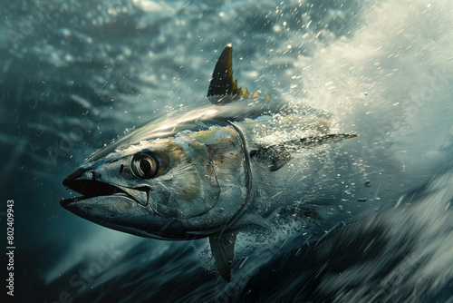 Tuna fish cutting through the water, speed visible in its streamlined body,