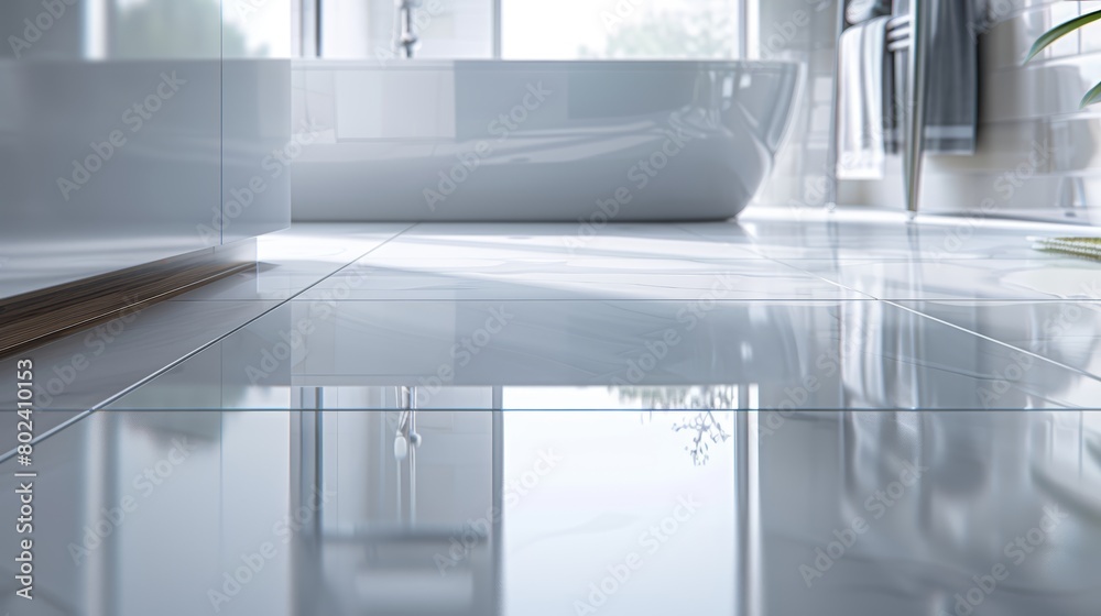 Detailed view of a bathroom floor laid with glossy ceramic tiles, emphasizing the smooth texture and reflective surface, ideal for contemporary decor Detailed view of a bathroom floor laid with glossy ceramic tiles, emphasizing the smooth texture and reflective surface, ideal for contemporary decor