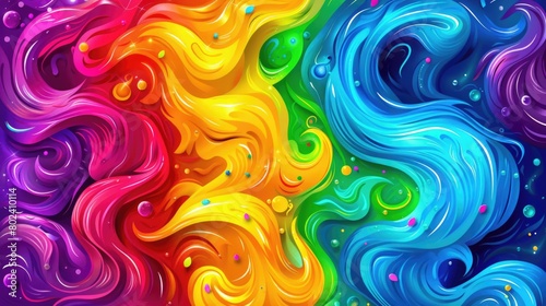 Swirling rainbow colors with bubbles on a vivid background create a dynamic visual