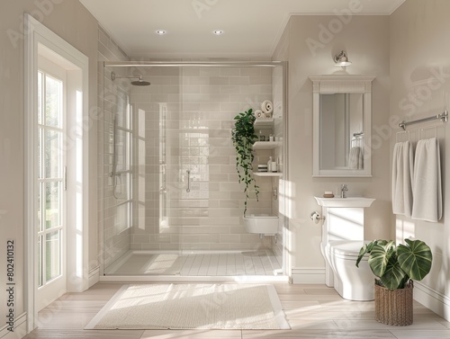 Elegant and functional bathroom setup with a clear glass shower door opening to a brightly lit, tiled shower area, emphasizing space and transparency © JP STUDIO LAB