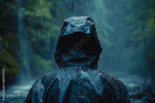 A figure in a hooded raincoat during a storm, face hidden under the shadowy brim, watching the rain,