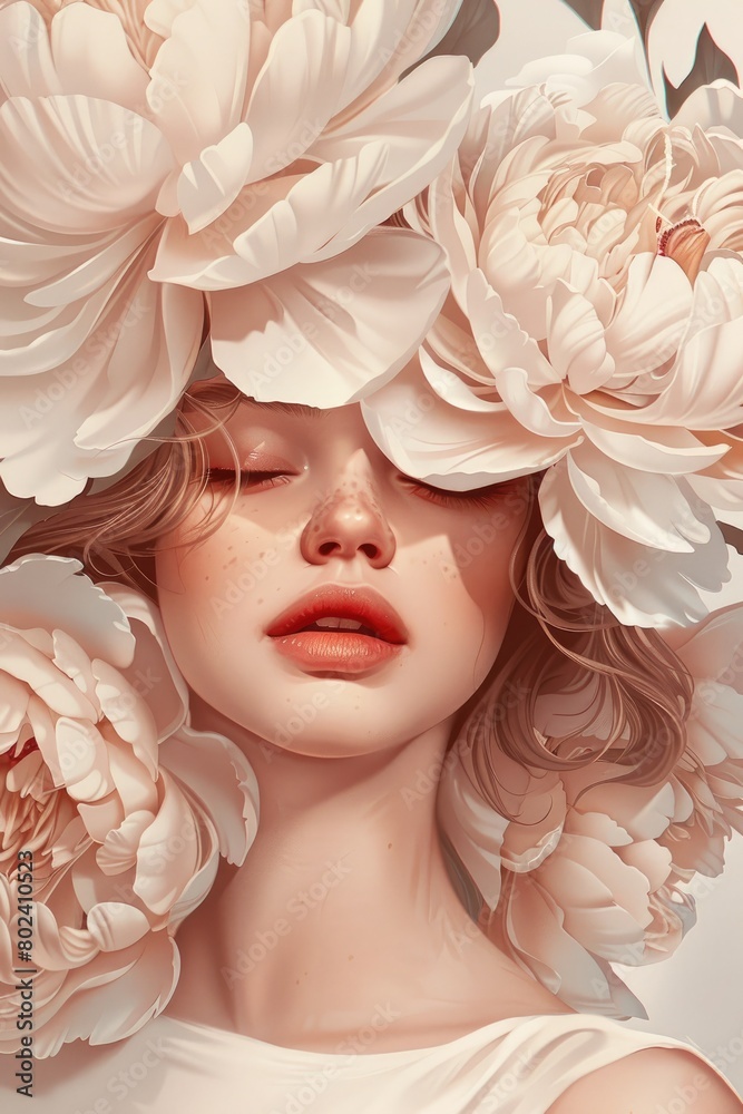 realistic Illustration of a beautiful woman with large peonies on her head. fashion beauty portrait, vertical realistic Illustration of a beautiful woman with large peonies on her head. fashion beauty portrait, vertical