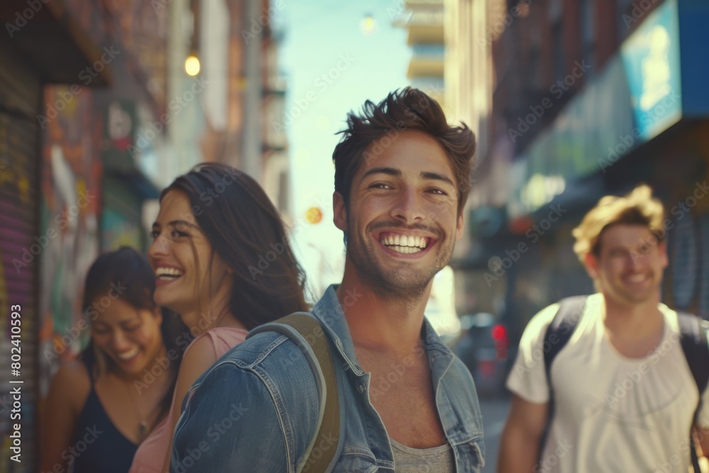 Group of friends walking in the street smiling and having fun together.
