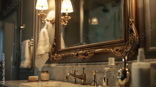 Detailed view of a vintage-style framed mirror in a classic bathroom setting, highlighting the elegant carvings and antique finish