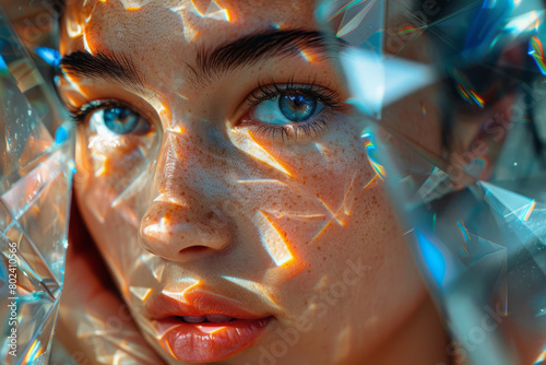 An image of a person seen through a kaleidoscope of glass prisms, their face fragmented into colorful shapes,