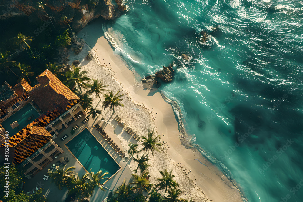 Aerial view of tropical beach with palm trees, pool, and oceanic landscape