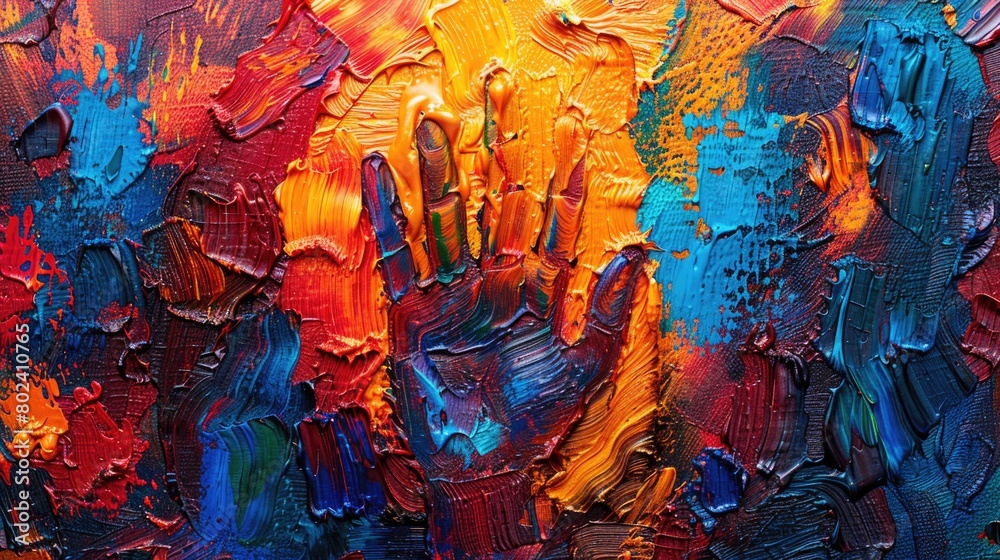 A painting featuring a hand adorned with a variety of vibrant colors, creating a visually striking image