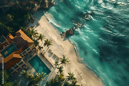 Aerial view of tropical beach with palm trees, pool, and oceanic landscape © Nadtochiy