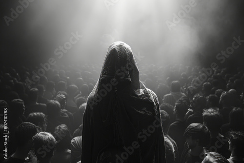 A shadowy figure in a hooded cloak standing at the edge of a packed concert, disconnected from the group excitement, photo