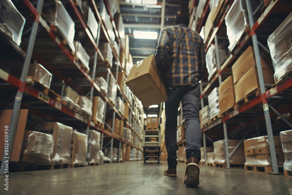 Obraz premium Delivery service in warehouse or distribution, cardboard box and man pushing a cart parcel.