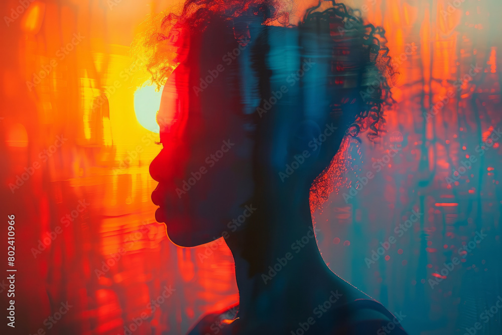 A silhouette with a single bright, colored spotlight that fades across the face, blurring features into abstraction, A silhouette with a single bright, colored spotlight that fades across the face, blurring features into abstraction,