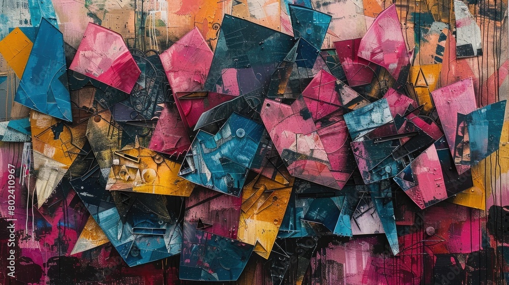 A dynamic abstract painting featuring a multitude of different colors and shapes layered on a canvas A dynamic abstract painting featuring a multitude of different colors and shapes layered on a canvas